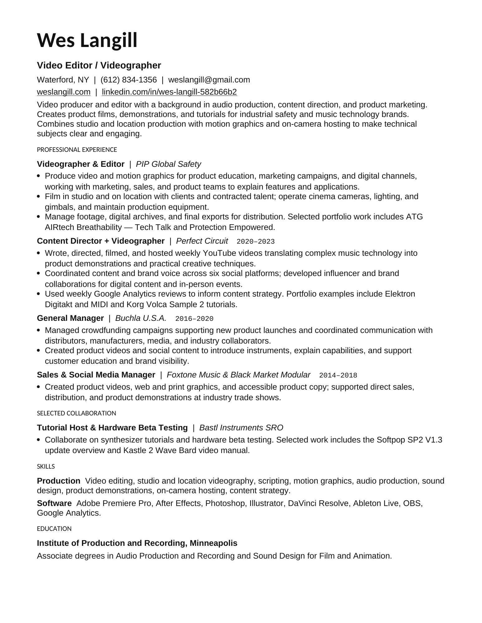 Preview of Wes Langill’s resume
